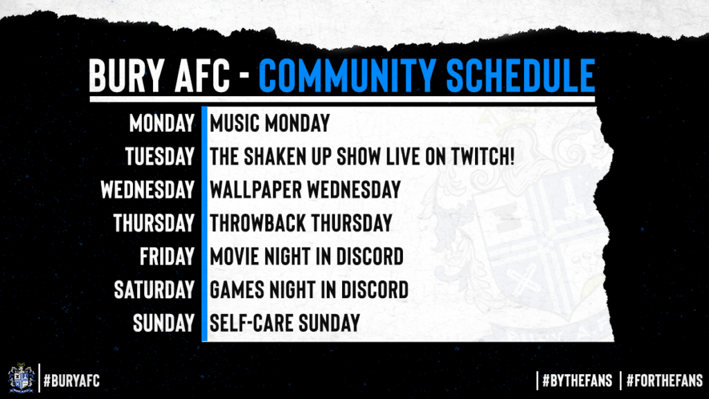 The image states that on Monday, we host Music Monday. On Tuesday, The Shaken Up Show Live on Twitch, On Wednesday, Wallpaper Wednesday, Thursday is Throwback Thursday. Friday and Saturday Night both have a movie and games night whilst Sunday is self-care sunday.